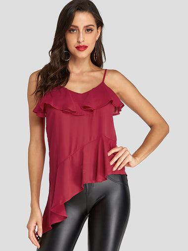 Wholesale V-Neck Plain Sleeveless Irregular Ruffle Hem Burgundy Camis