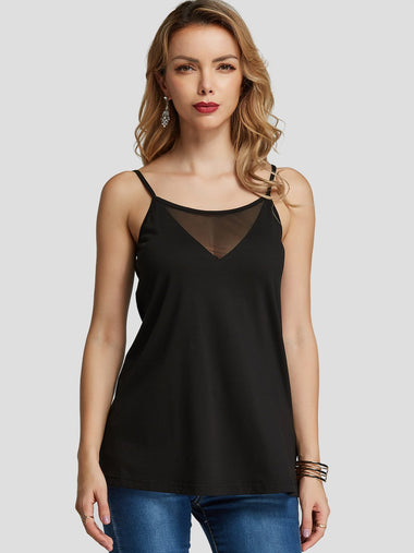 Wholesale V-Neck Plain Spaghetti Strap See Through Sleeveless Black Tank Top
