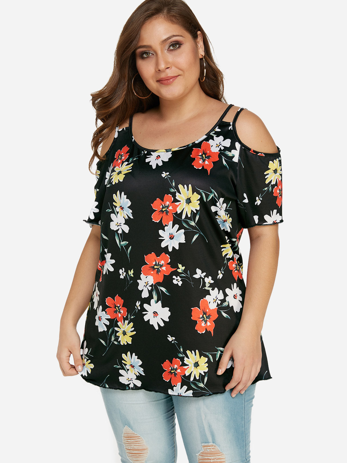 Wholesale Cold Shoulder Floral Print Backless Short Sleeve Plus Size Tops