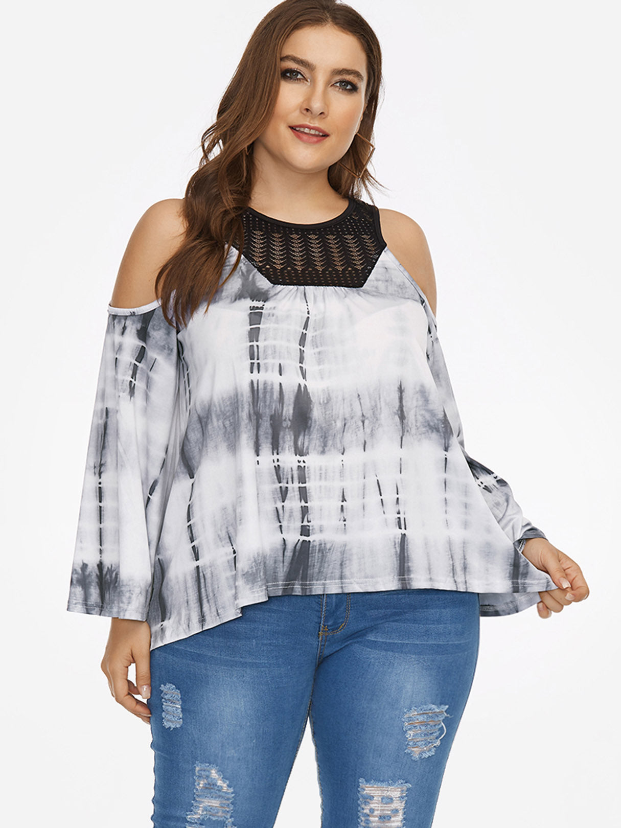 Wholesale Round Neck Cold Shoulder Lace 3/4 Sleeve Curved Hem White Plus Size Tops