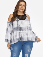 Wholesale Round Neck Cold Shoulder Lace 3/4 Sleeve Curved Hem White Plus Size Tops