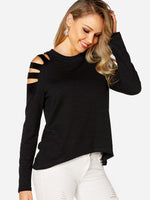 Wholesale Cold Shoulder Lace-Up Long Sleeve Irregular Hem Black T-Shirt