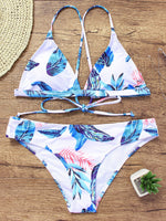 Wholesale White V-Neck Sleeveless Floral Print Backless Criss-Cross Tie-Up Two Piece Bikinis