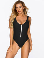 Wholesale Black Round Neck Sleeveless Zip Back Partially Lined Bodycon One-Pieces Swimwears