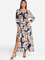Wholesale V-Neck Long Sleeve Floral Print Lace-Up Wrap Slit Hem Dresses