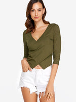 Wholesale V-Neck Crossed Front Cable Knit 3/4 Sleeve Irregular Hem Green T-Shirts