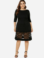 Wholesale Round Neck Plain Lace Hollow See Through Half Sleeve Stitching Hem Black Plus Size Dresses