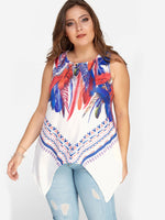 Wholesale Scoop Neck Tribal Print Sleeveless Irregular Hem White Plus Size Tops