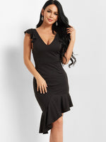 Wholesale V-Neck Cut Out Sleeveless Irregular Flounced Hem Black Dresses