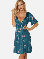 Wholesale V-Neck Short Sleeve Floral Print Self-Tie Wrap Dresses