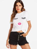Wholesale Eyelash & Lip Printing Round Neck T-Shirt