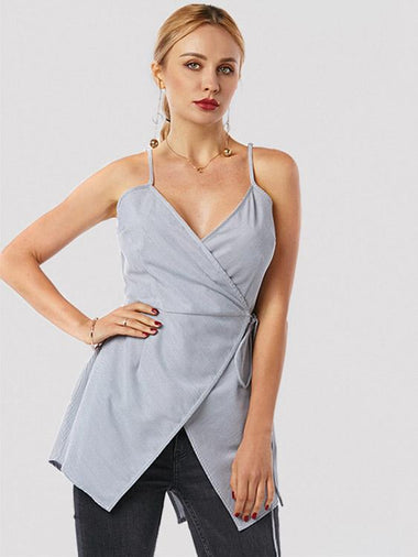 Wholesale V-Neck Crossed Front Sleeveless High-Low Hem Grey Camis