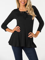 Wholesale V-Neck Plain Lace-Up Cut Out Long Sleeve Black Blouses