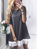 Wholesale Round Neck Plain Long Sleeve Ruffle Hem Grey Midi Dress