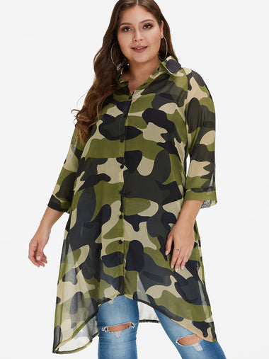 Wholesale Classic Collar Camouflage 3/4 Sleeve High-Low Hem Camo Plus Size Tops