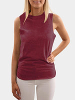Wholesale Crew Neck Plain Sleeveless Curved Slit Hem Burgundy T-Shirts