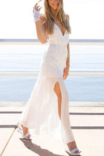 Wholesale White V-Neck Sleeveless Plain Backless Slit Hem Maxi Dresses