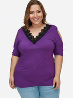 Wholesale V-Neck Cold Shoulder Plain Lace Half Sleeve Plus Size Tops