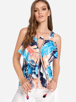 Wholesale Halter Floral Print Cut Out Sleeveless Blue Camis