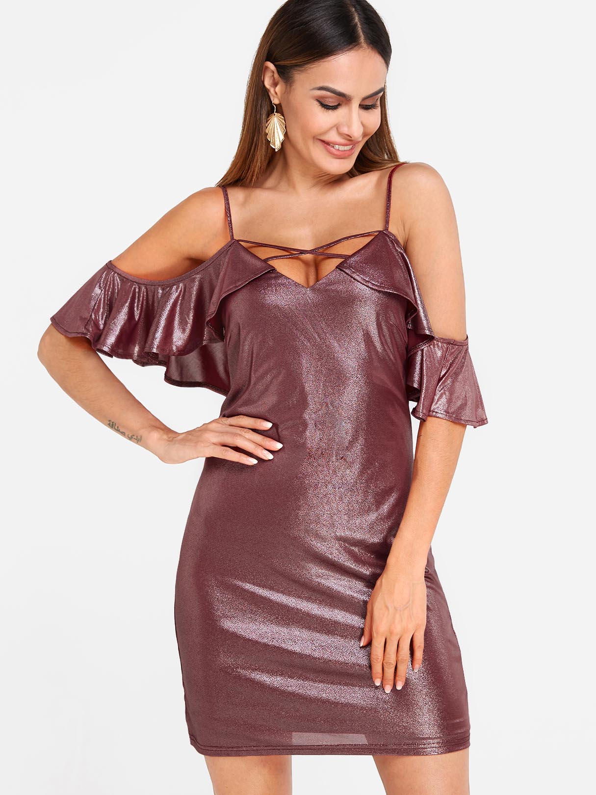 OEM Ladies Burgundy V-Neck Dresses