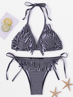 Wholesale Halter V-Neck Sleeveless Stripe Tassel Two Piece Bikinis