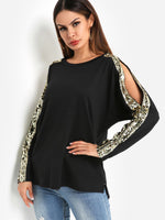Wholesale Round Neck Cut Out Sequins Embellished Glitter Long Sleeve Black Top