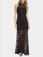 Wholesale Black Halter Sleeveless Sheer Plain Lace Backless Sexy Dress