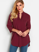 Wholesale V-Neck 3/4 Sleeve Irregular Hem Burgundy T-Shirts