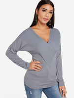 Wholesale Deep V Neck Plain Crossed Front Long Sleeve Grey T-Shirts