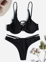 Wholesale Plain Lace-Up Spaghetti Strap Self-Tie Two Piece Bikinis