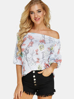 Wholesale Off The Shoulder Floral Print Half Sleeve White T-Shirts