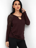 Wholesale Round Neck Plain Lace Cut Out Long Sleeve Burgundy T-Shirts