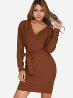 Wholesale V-Neck Long Sleeve Crossed Front Self-Tie Dresses