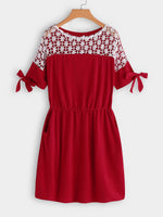 Wholesale Round Neck Short Sleeve Lace Red Casual Dresses