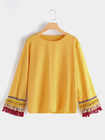 Wholesale Round Neck Tassel Long Sleeve Yellow Top
