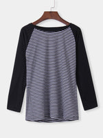 Wholesale Round Neck Stripe Long Sleeve Curved Hem Black Top