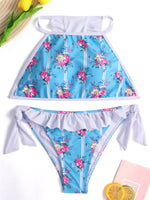 Wholesale Round Neck Sleeveless Floral Print Tie-Up Ruffle Trim Ruffle Hem Two Piece Bikinis