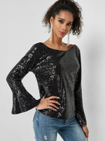 Wholesale Round Neck Plain Sequins Embellished Long Sleeve Black Top