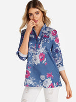 Wholesale V-Neck Floral Print Side Pockets 3/4 Sleeve Blouses