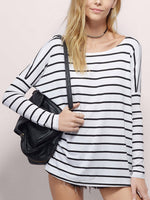 Wholesale Crew Neck Round Neck Stripe Long Sleeve White Top
