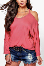Wholesale Round Neck Cold Shoulder Long Sleeve Red T-Shirts