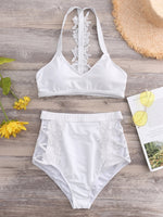 Wholesale White V-Neck Sleeveless Backless Criss-Cross High-Waisted Bikini Set Swimwear