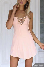 Wholesale V-Neck Sleeveless Plain Curved Hem Mini Dresses