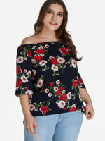 Wholesale Off The Shoulder Floral Print 3/4 Sleeve Curved Hem Black Plus Size Tops
