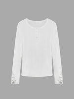 Wholesale V-Neck Lace Long Sleeve Curved Hem White Top