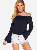 Wholesale Off The Shoulder Plain Long Sleeve Navy T-Shirts