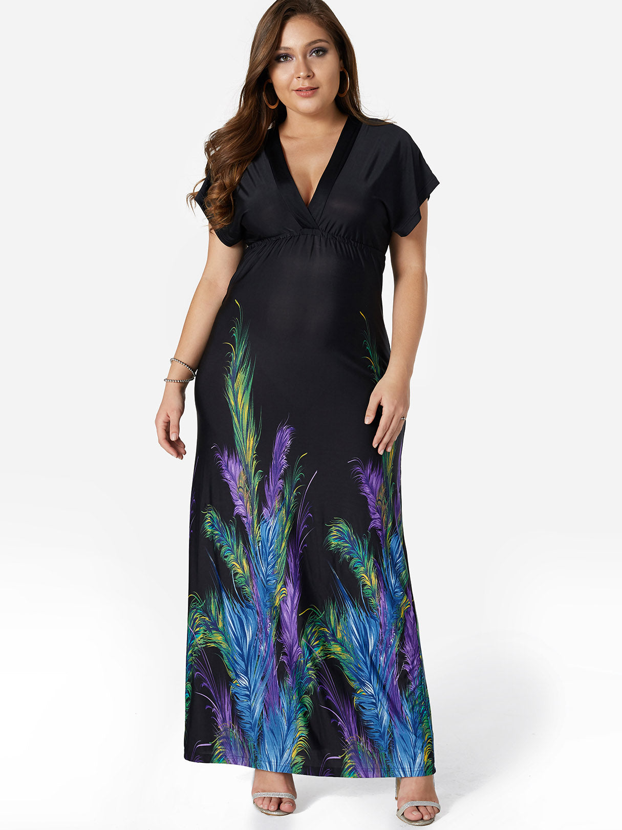 Wholesale V-Neck Floral Print Backless Short Sleeve Black Plus Size Maxi Dress