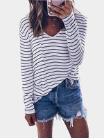 Wholesale V-Neck Stripe Front Pocket Long Sleeve T-Shirts