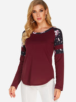 Wholesale Round Neck Floral Print Long Sleeve Curved Hem Burgundy T-Shirts