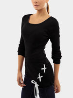 Wholesale Round Neck Pullover Lace-Up Long Sleeve Black T-Shirts